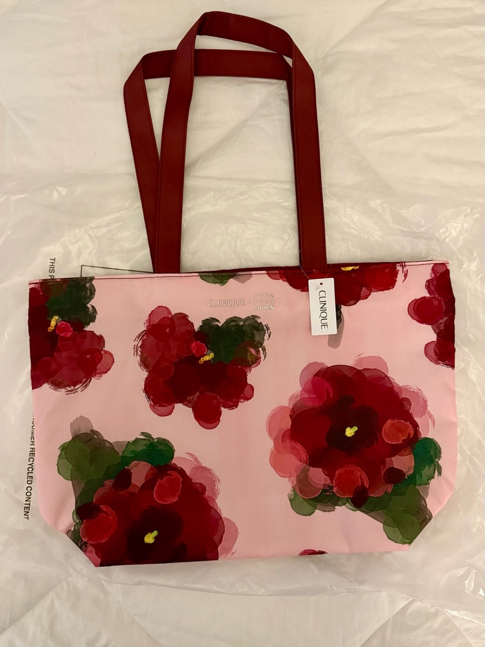 Clinique Pink Tote with Red Floral Print